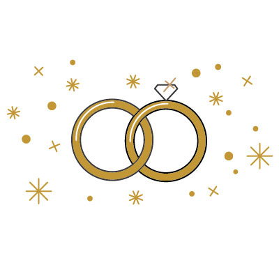 Thumbnail image for the Wedding Invitation project showing a diamond ring and a gold band linked together surrounded by sparkles.