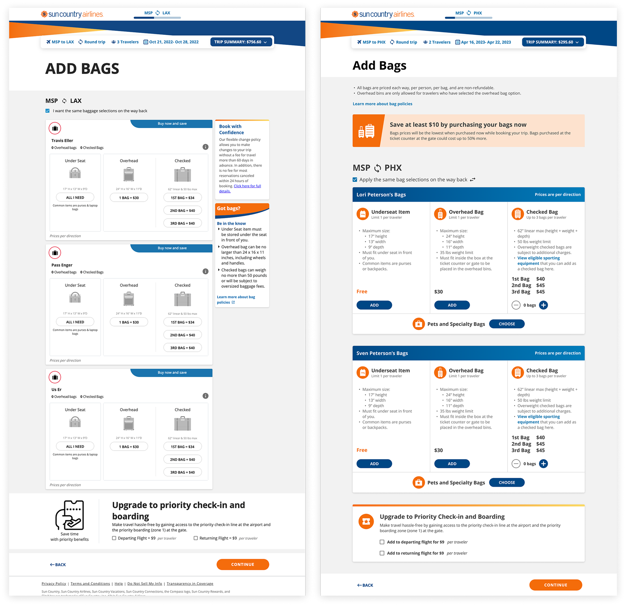Comparison of the Bags page desktop designs, with the old design on the left and the new design on the right.