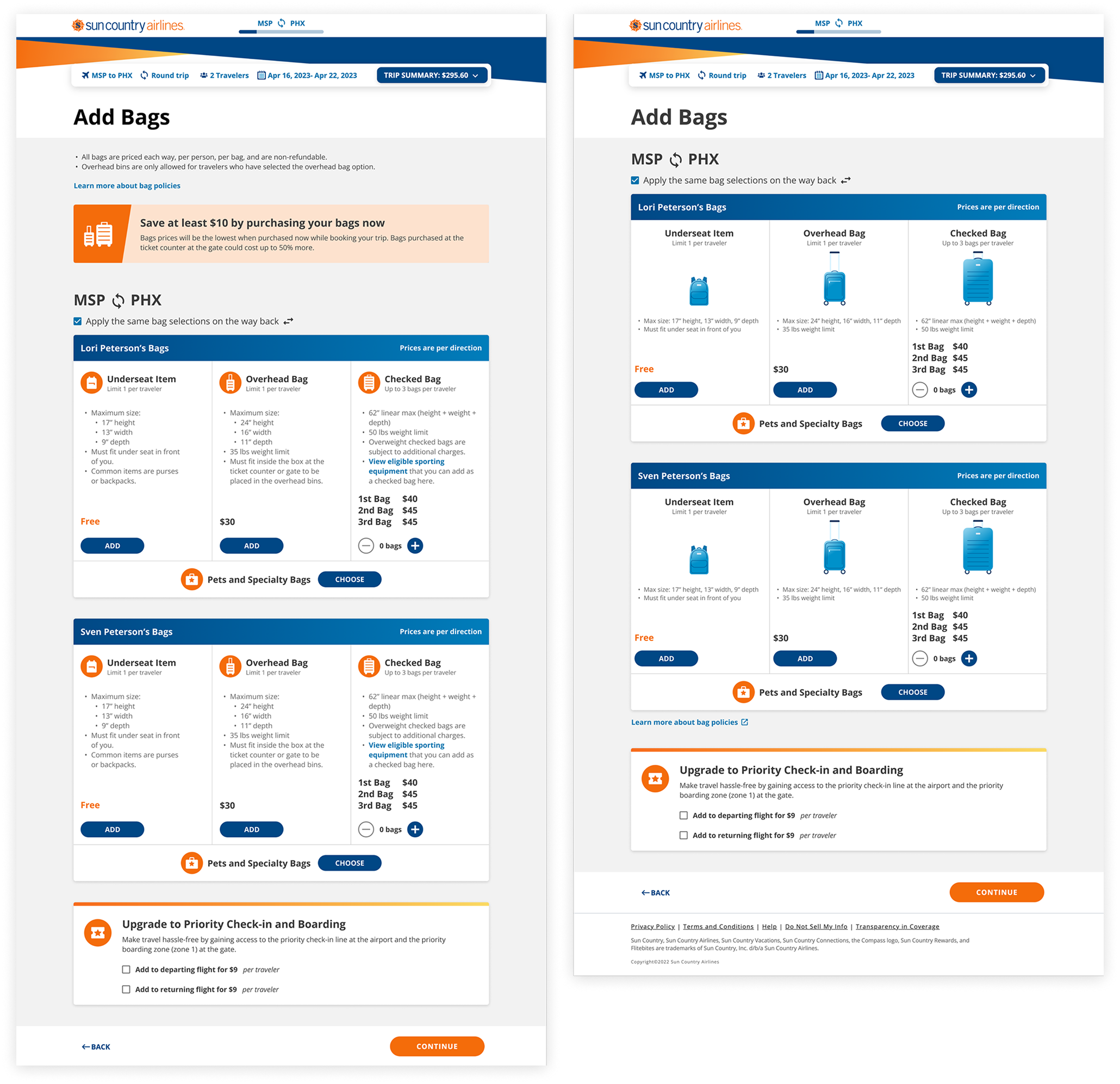Comparison of the Bags page redesign designs, with the original redesign on the left and the new redesign on the right.