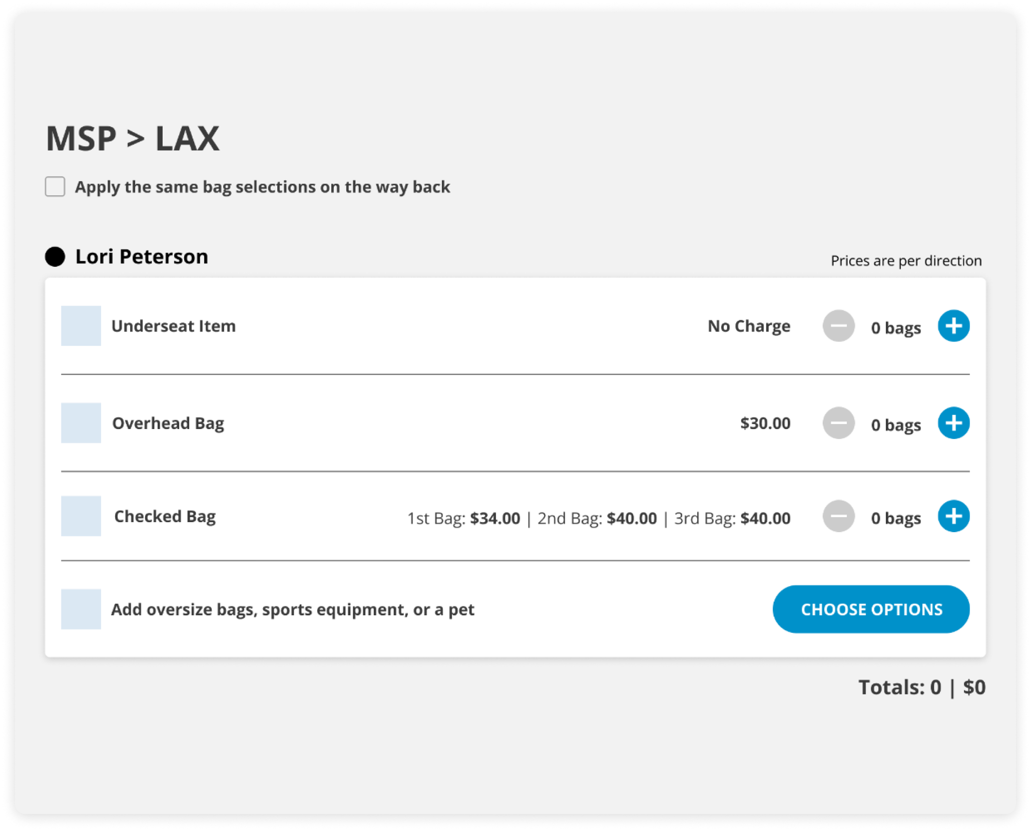 A wireframe of an early bags card layout.