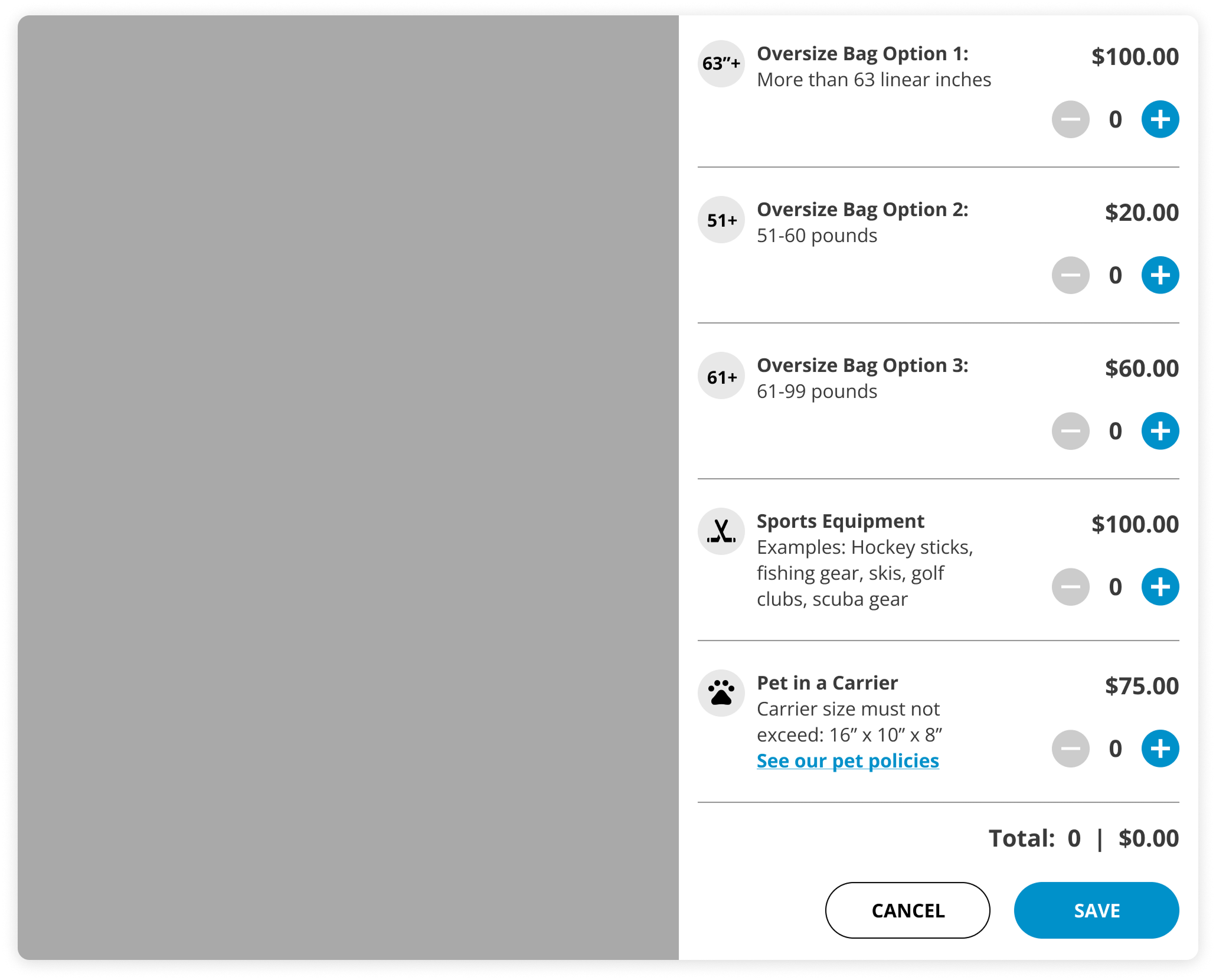 A wireframe with specialty bags and pet options in a right drawer component.