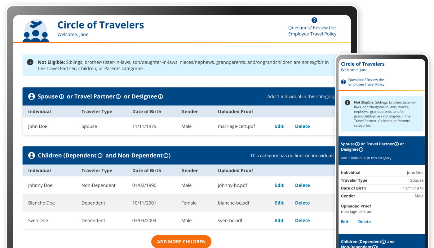 Circle of Travelers employee view design on desktop and mobile size
