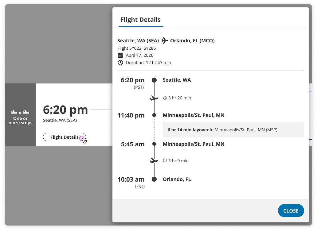 The new nonstop flight details modal design.