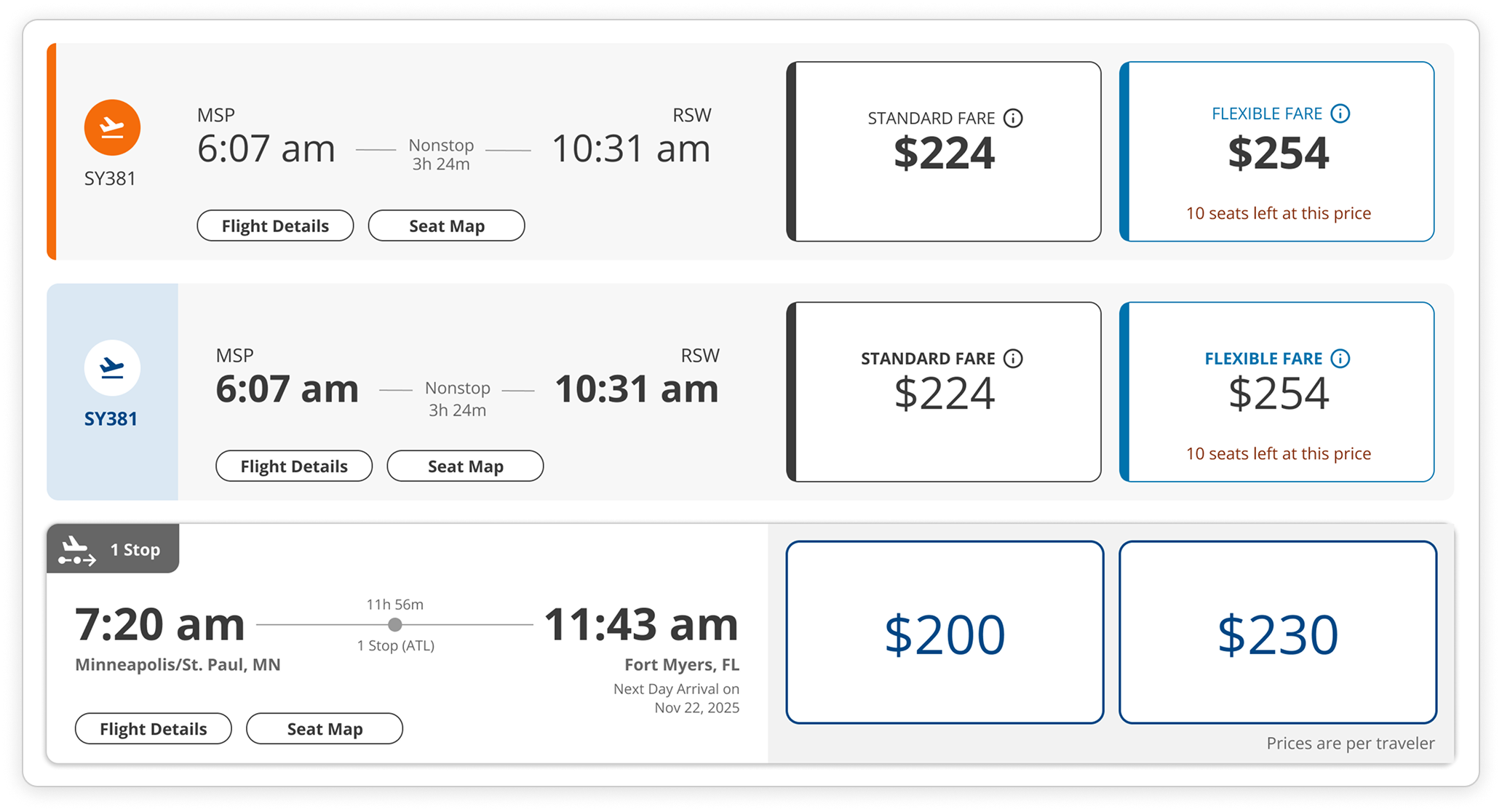 Three design explorations of the flight card.