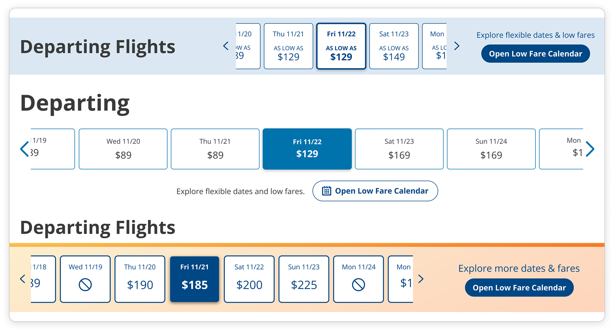 Three design explorations of the Low Fare Calendar ribbon.