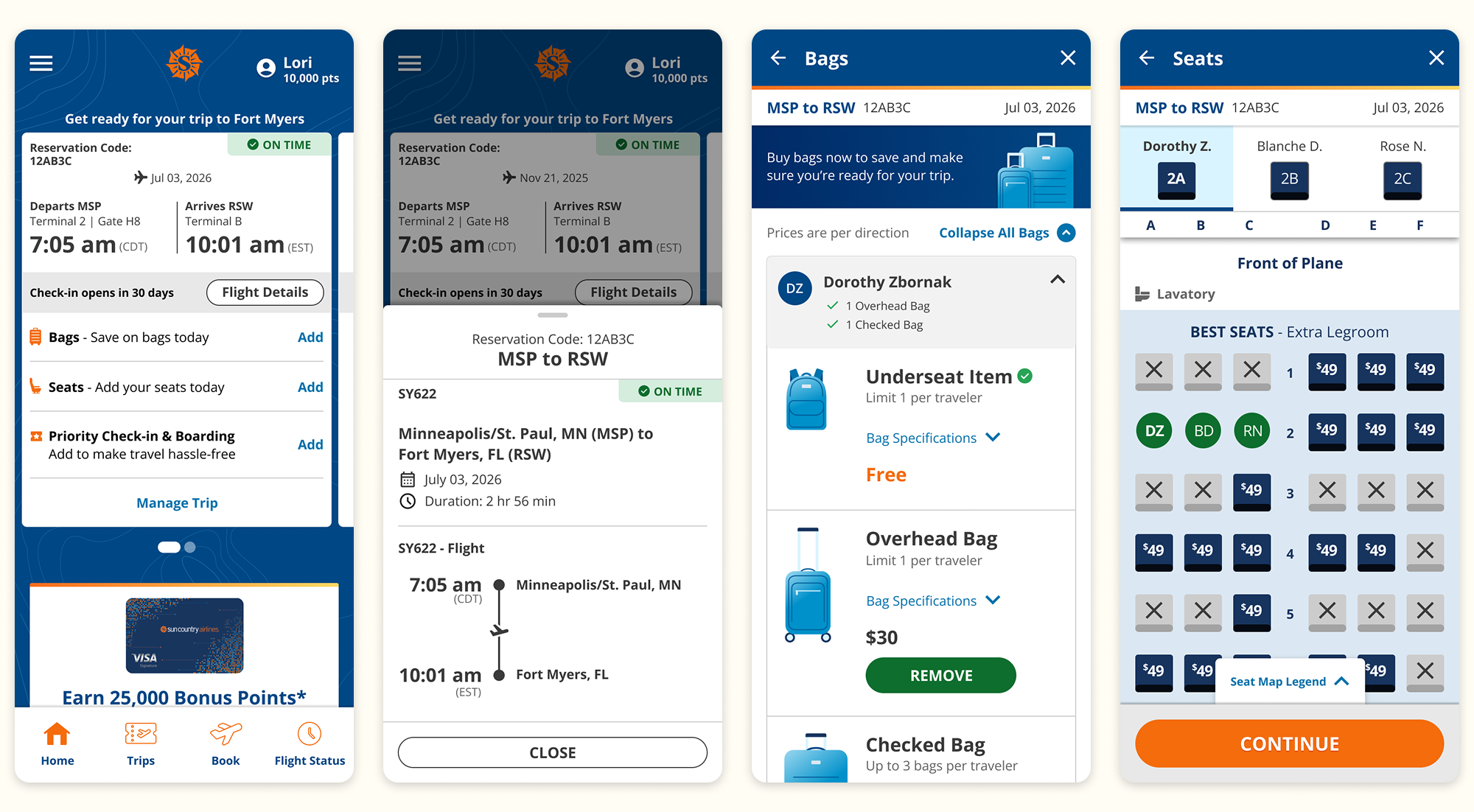Four different screens from the mobile app including Home, Bags, and Seats