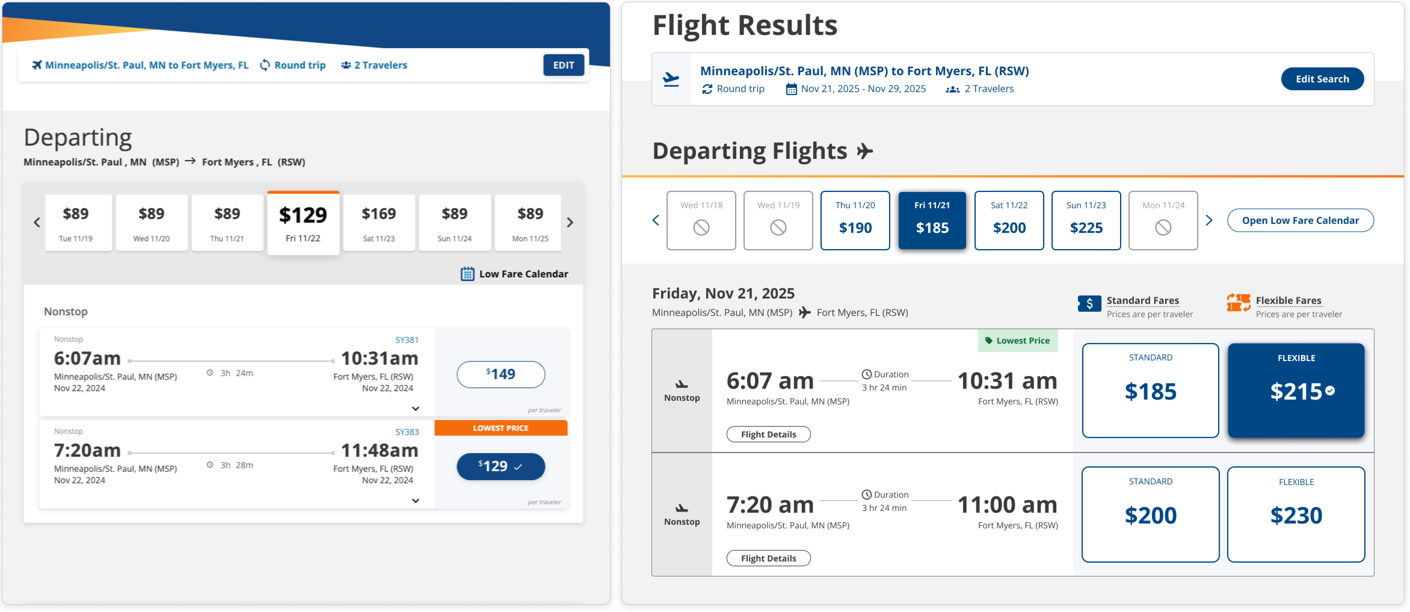 Comparison of the Flight Results page desktop designs, with the old design on the left and the new design on the right.